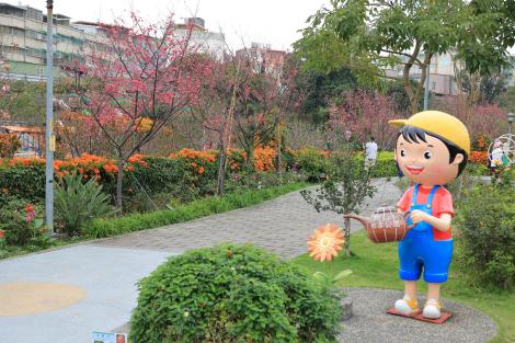 粉橙齊綻喜迎春 永吉公園櫻花與炮仗花爭妍